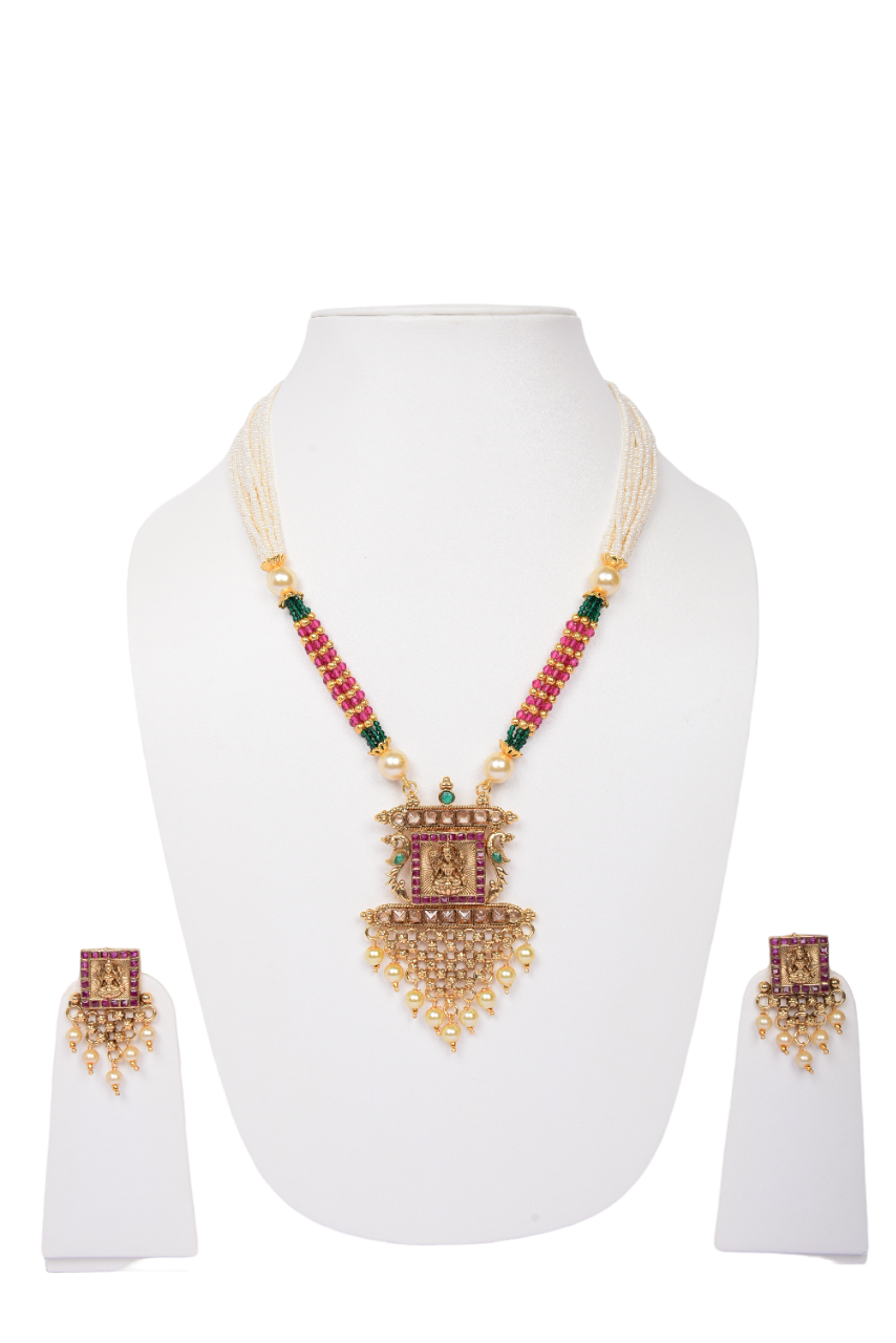 Namokriti Antique Temple Jewelry Set – Gold-Plated Necklace & Earrings with Ruby-Green Beads